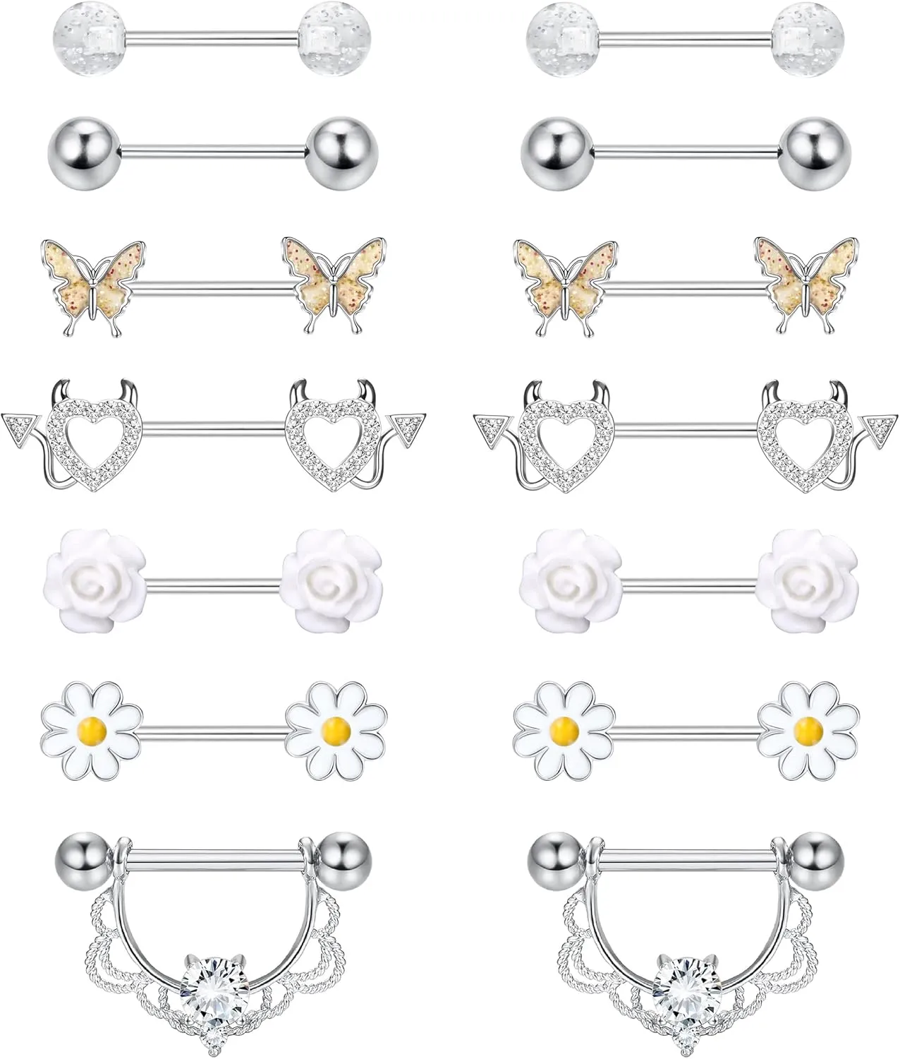 JeryWe 7 Pairs 14G Nipple Rings for Women 316L Stainless Steel Heart Butterfly CZ Flower Barbell Nipple Rings Set Cute Nipplerings Piercing Jewelry