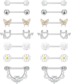JeryWe 7 Pairs 14G Nipple Rings for Women 316L Stainless Steel Heart Butterfly CZ Flower Barbell Nipple Rings Set Cute Nipplerings Piercing Jewelry