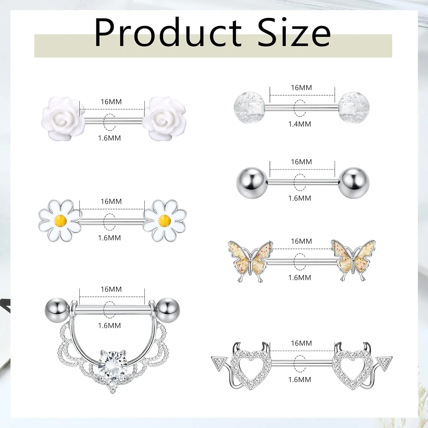 JeryWe 7 Pairs 14G Nipple Rings for Women 316L Stainless Steel Heart Butterfly CZ Flower Barbell Nipple Rings Set Cute Nipplerings Piercing Jewelry