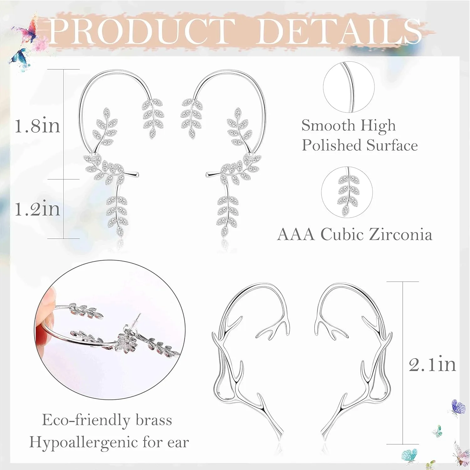JeryWe Butterfly Ear Cuff Earrings for Women No Piercing Zircon Star Ear Clip Wrap Around Fake Earrings Ear Wrap Crawler Rhinestone Wrap Leaf Earrings for Women