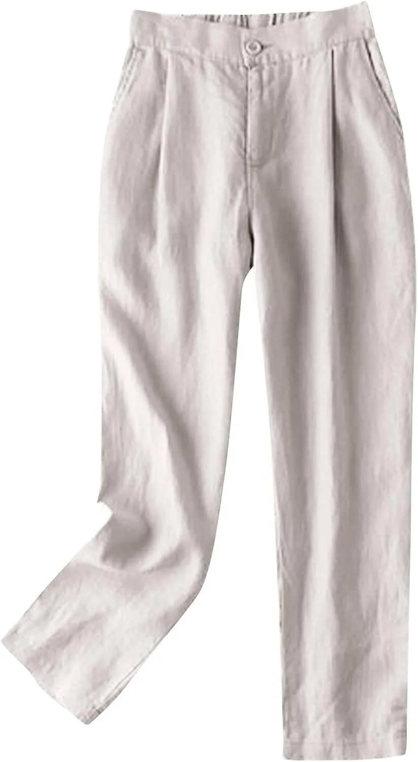 JOAU Linen Pants for Women Summer Casual High Waisted Beach Pants Loose Fit Lightweight Straight Leg Tapered Cropped Pants