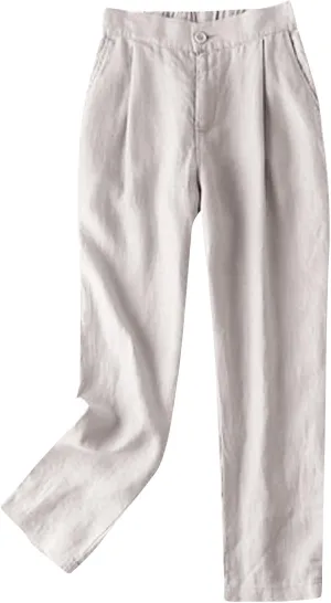 JOAU Linen Pants for Women Summer Casual High Waisted Beach Pants Loose Fit Lightweight Straight Leg Tapered Cropped Pants