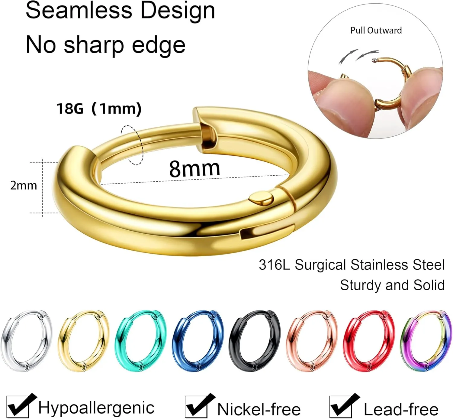 Jstyle 8 Pairs 316L Surgical Stainless Steel Small Hoop Earrings for Men Women Hypoallergenic Huggie Hoop Earrings Cartilage Helix Lobes Sleeper Hoop Earrings Set 18G 20G 8mm/10mm/12mm/14mm