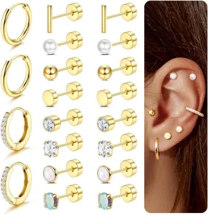 Jstyle Hypoallergenic Earrings for Sensitive Ears-20G Flat Back Earrings for Women Men-Small Surgical Steel Stud Earrings Huggie Hoop Cartilage Nap Earring Sets
