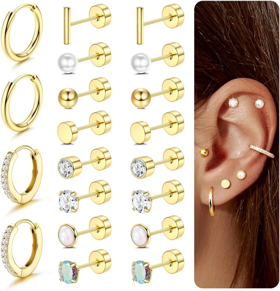 Jstyle Hypoallergenic Earrings for Sensitive Ears-20G Flat Back Earrings for Women Men-Small Surgical Steel Stud Earrings Huggie Hoop Cartilage Nap Earring Sets
