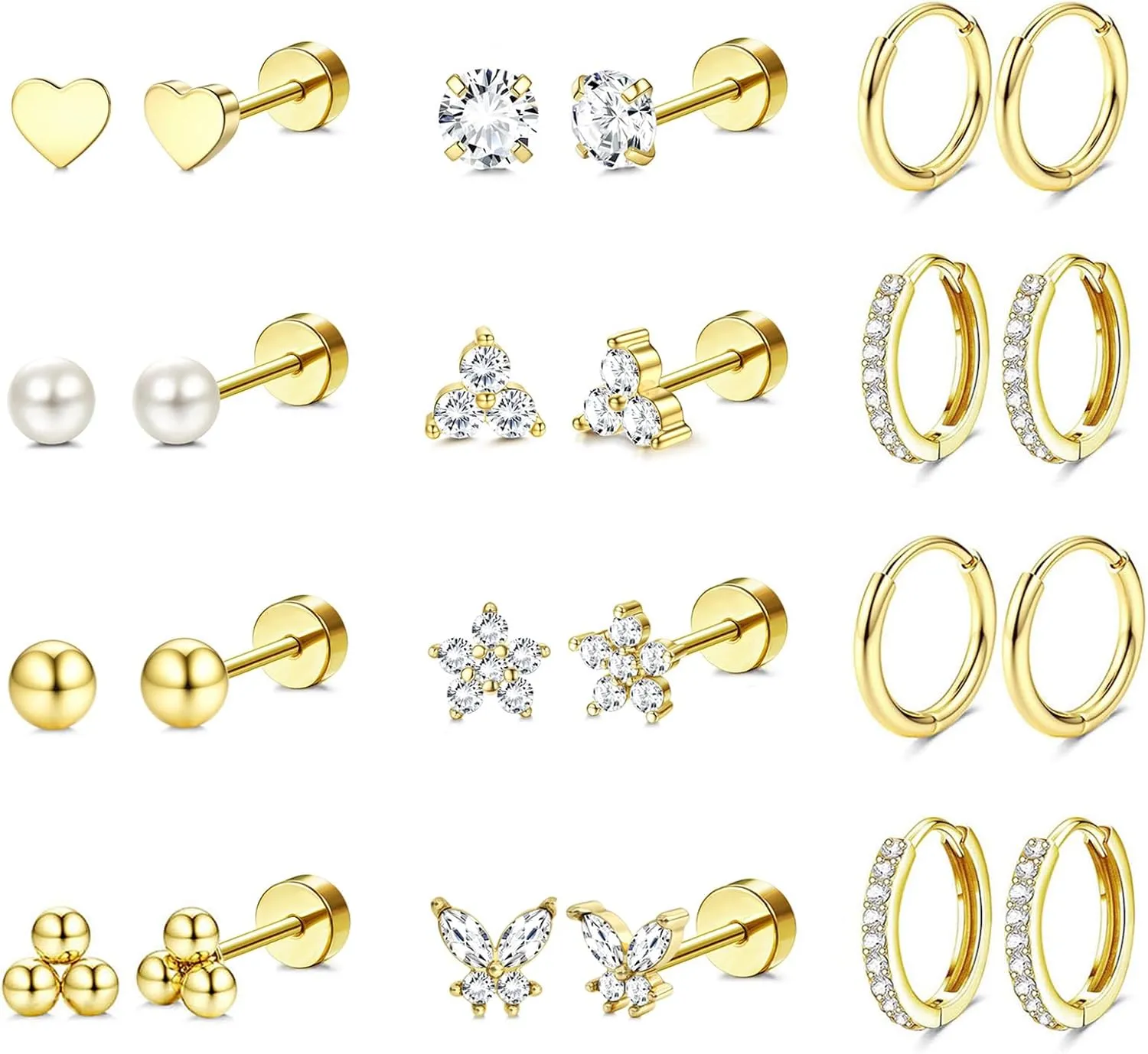 Jstyle Hypoallergenic Gold Stud Hoop Earrings for Women Men Surgical Stainless Steel Flat Back Earrings Small 14K Gold Huggie Hoops Cartilage Earring Set for Multiple Piercing Jewelry Gifts for Women