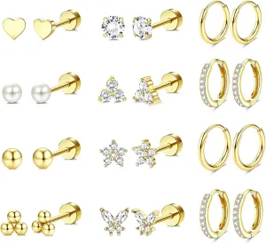 Jstyle Hypoallergenic Gold Stud Hoop Earrings for Women Men Surgical Stainless Steel Flat Back Earrings Small 14K Gold Huggie Hoops Cartilage Earring Set for Multiple Piercing Jewelry Gifts for Women