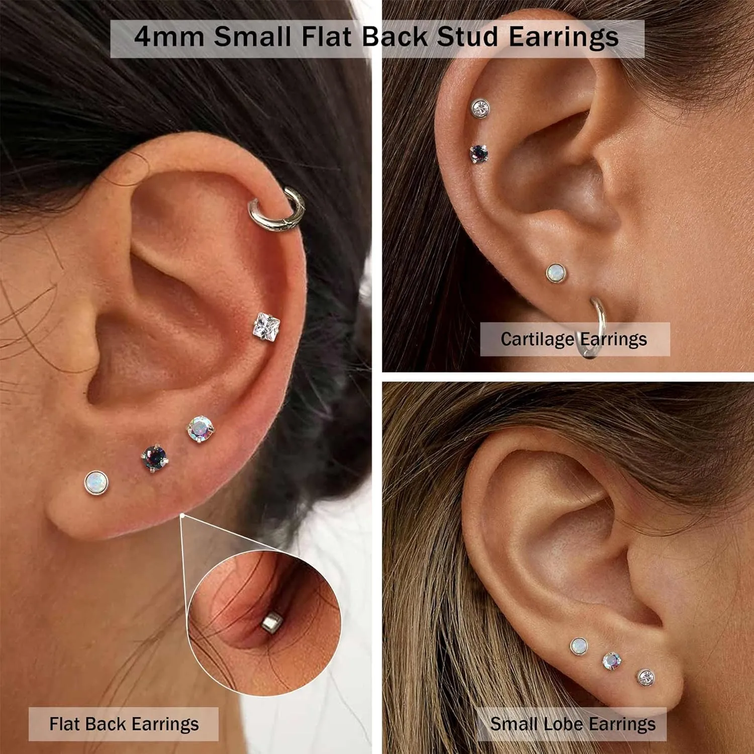 Jstyle Surgical Steel Earrings for Women Men Hypoallergenic Stud Earrings for Sensitive Ears Flat Back Earrings Stud 20G Stainless Steel Cartilage Earring Opal CZ Small Flatback Stud Earrings Women