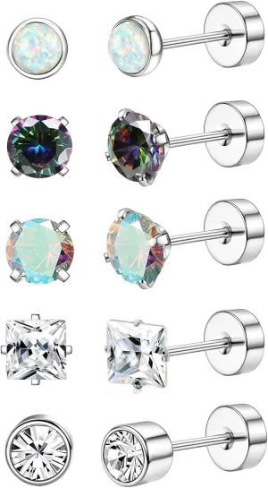 Jstyle Surgical Steel Earrings for Women Men Hypoallergenic Stud Earrings for Sensitive Ears Flat Back Earrings Stud 20G Stainless Steel Cartilage Earring Opal CZ Small Flatback Stud Earrings Women