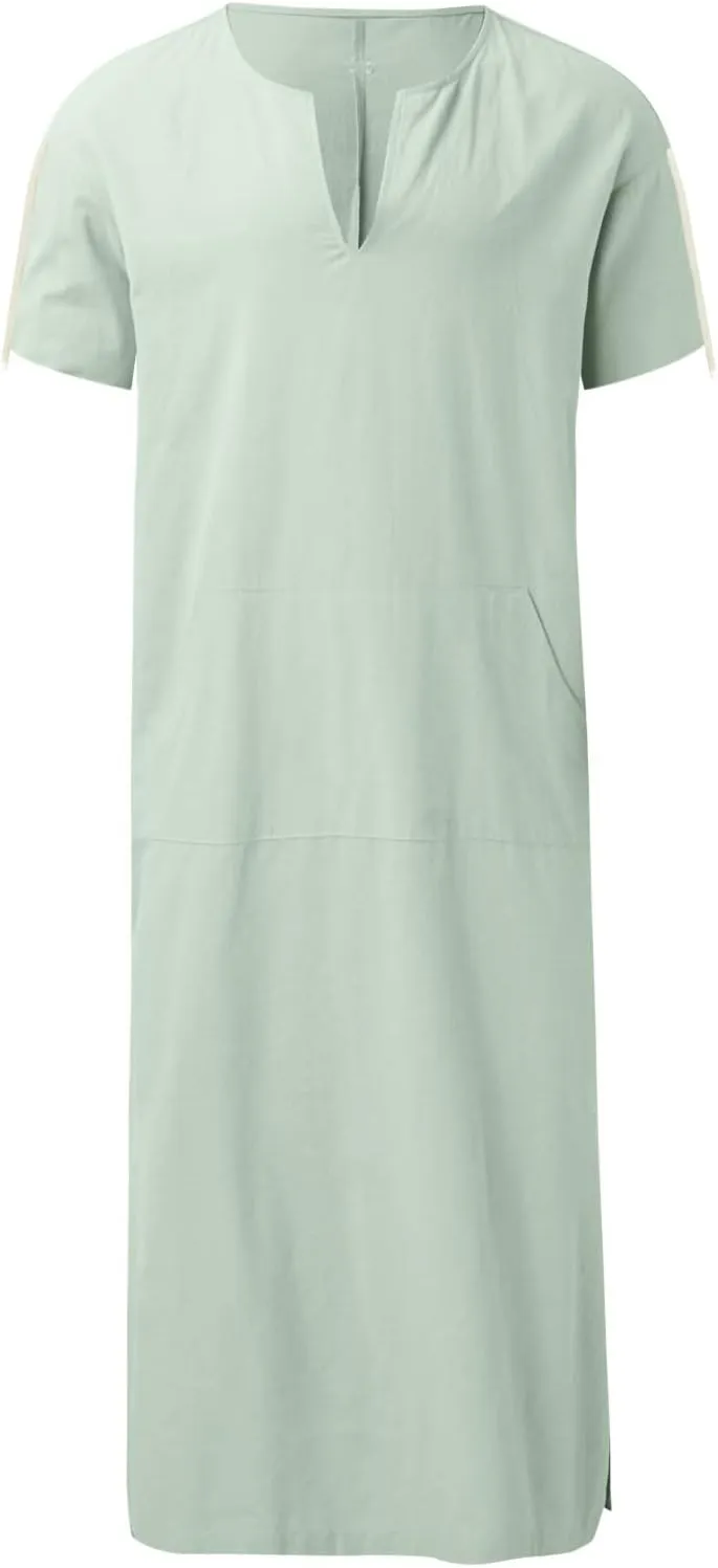 Kaftan Thobe for Men Linen Short Sleeve Caftan Men Loose Fit Long Gown Side Split Thobe Muslim Men Thobe