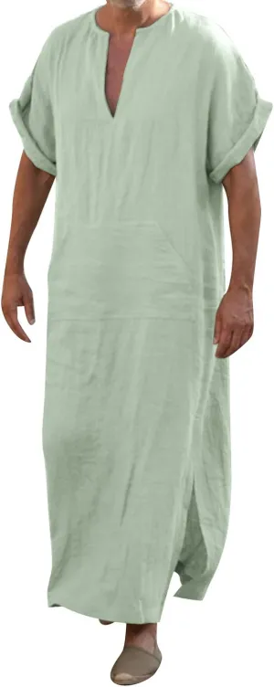 Kaftan Thobe for Men Linen Short Sleeve Caftan Men Loose Fit Long Gown Side Split Thobe Muslim Men Thobe