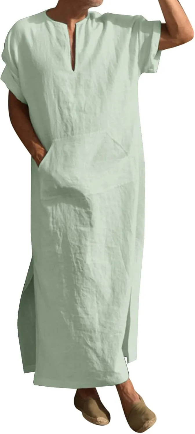 Kaftan Thobe for Men Linen Short Sleeve Caftan Men Loose Fit Long Gown Side Split Thobe Muslim Men Thobe