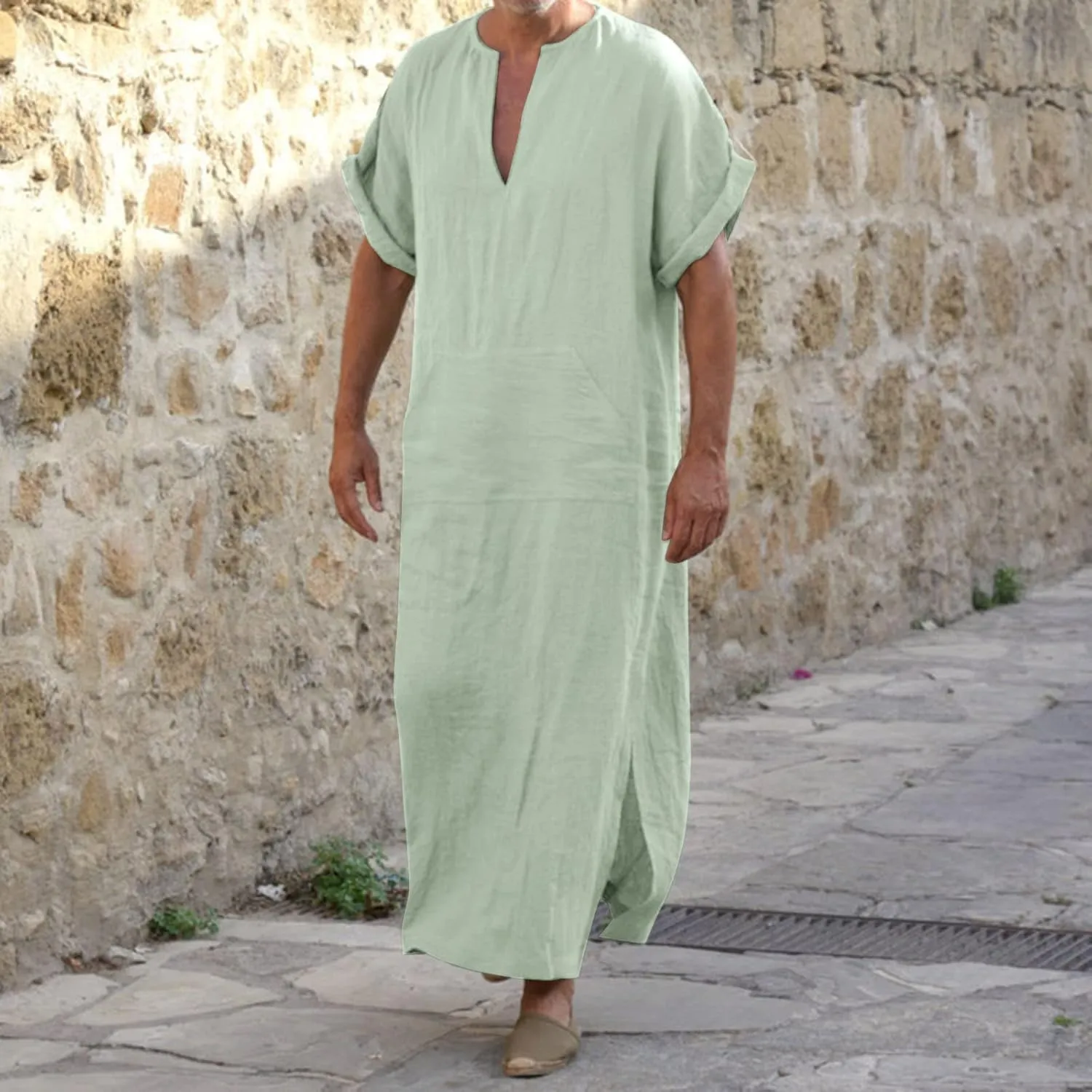 Kaftan Thobe for Men Linen Short Sleeve Caftan Men Loose Fit Long Gown Side Split Thobe Muslim Men Thobe