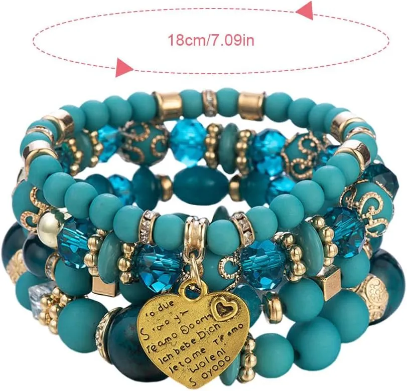 Katutude Handmade Bohemian Stackable Bead Bracelets 4 Pcs Set 2024 Trendy Multi-Layer Beaded Stretch Bracelets Clay Beads Bracelet Heart Pendant Charm Bracelet