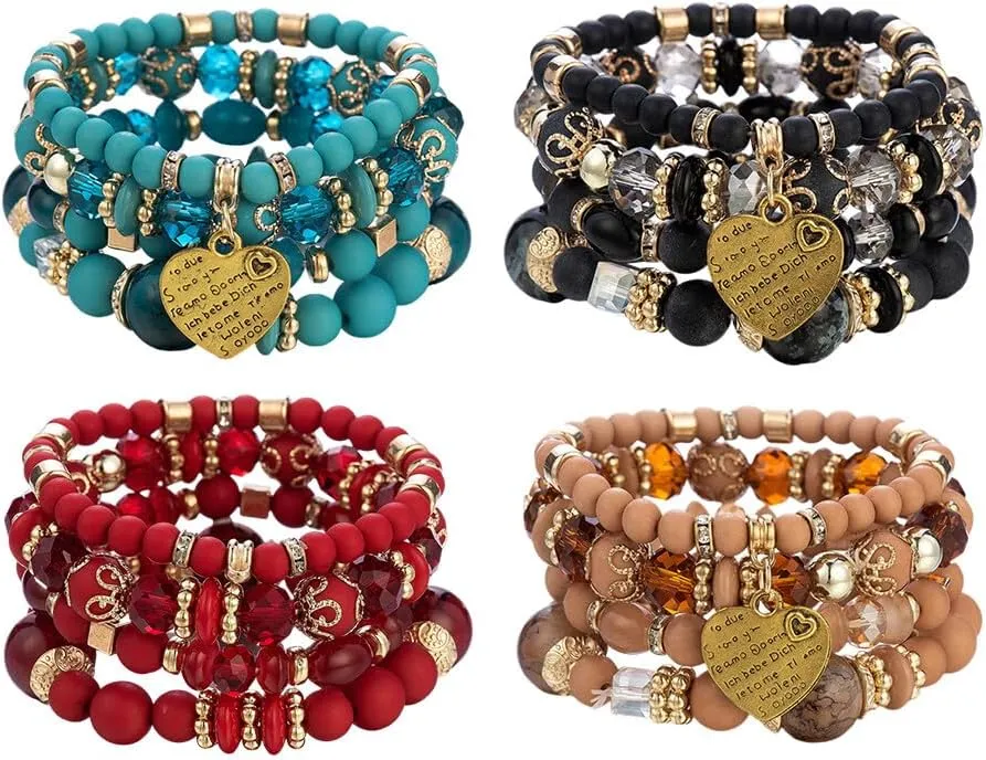 Katutude Handmade Bohemian Stackable Bead Bracelets 4 Pcs Set 2024 Trendy Multi-Layer Beaded Stretch Bracelets Clay Beads Bracelet Heart Pendant Charm Bracelet