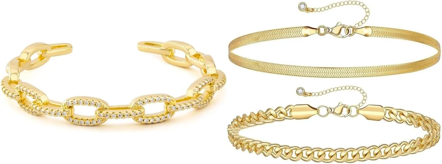 KissYan Gold Cuff Bangle Bracelets for Women, Dainty 14k Gold Plated Layering Anklets Set Adjustable