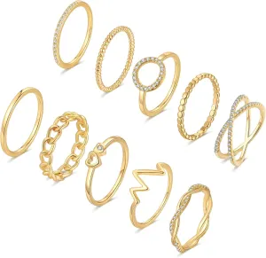 KOHOTA 10PCS 14K Gold Plated Rings for Women Gold Stackable Knuckle Rings Set Cute Dainty Silver Stacking Band Ring Pack Simple Heart Zirconia Wedding Promise Eternity Rings Size 5-12