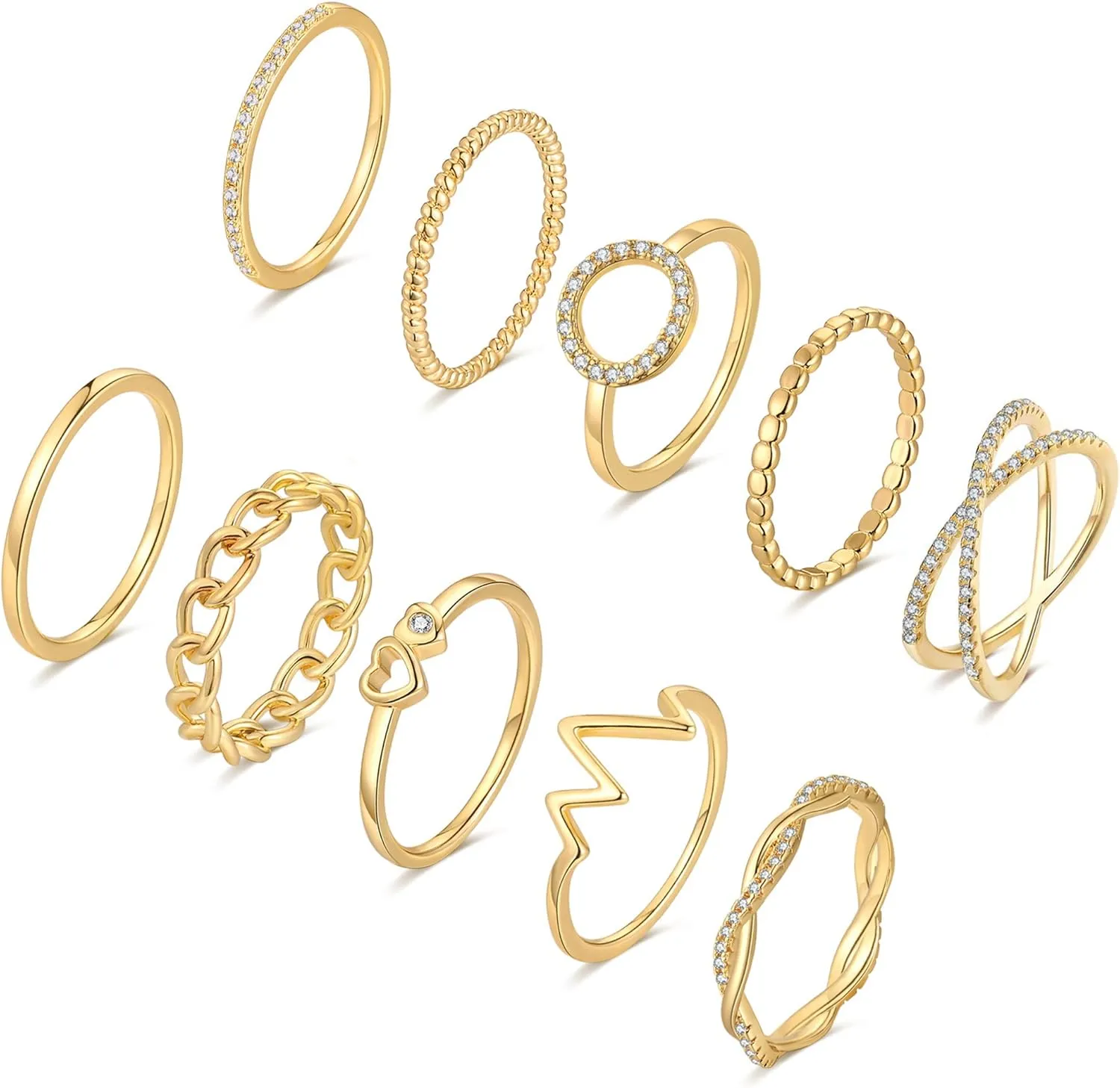 KOHOTA 10PCS 14K Gold Plated Rings for Women Gold Stackable Knuckle Rings Set Cute Dainty Silver Stacking Band Ring Pack Simple Heart Zirconia Wedding Promise Eternity Rings Size 5-12