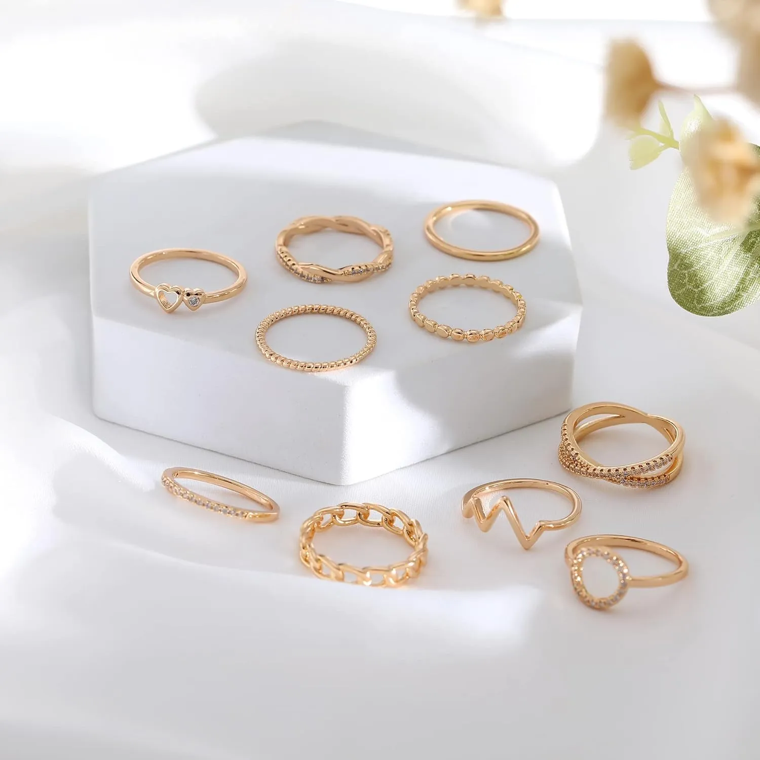 KOHOTA 10PCS 14K Gold Plated Rings for Women Gold Stackable Knuckle Rings Set Cute Dainty Silver Stacking Band Ring Pack Simple Heart Zirconia Wedding Promise Eternity Rings Size 5-12