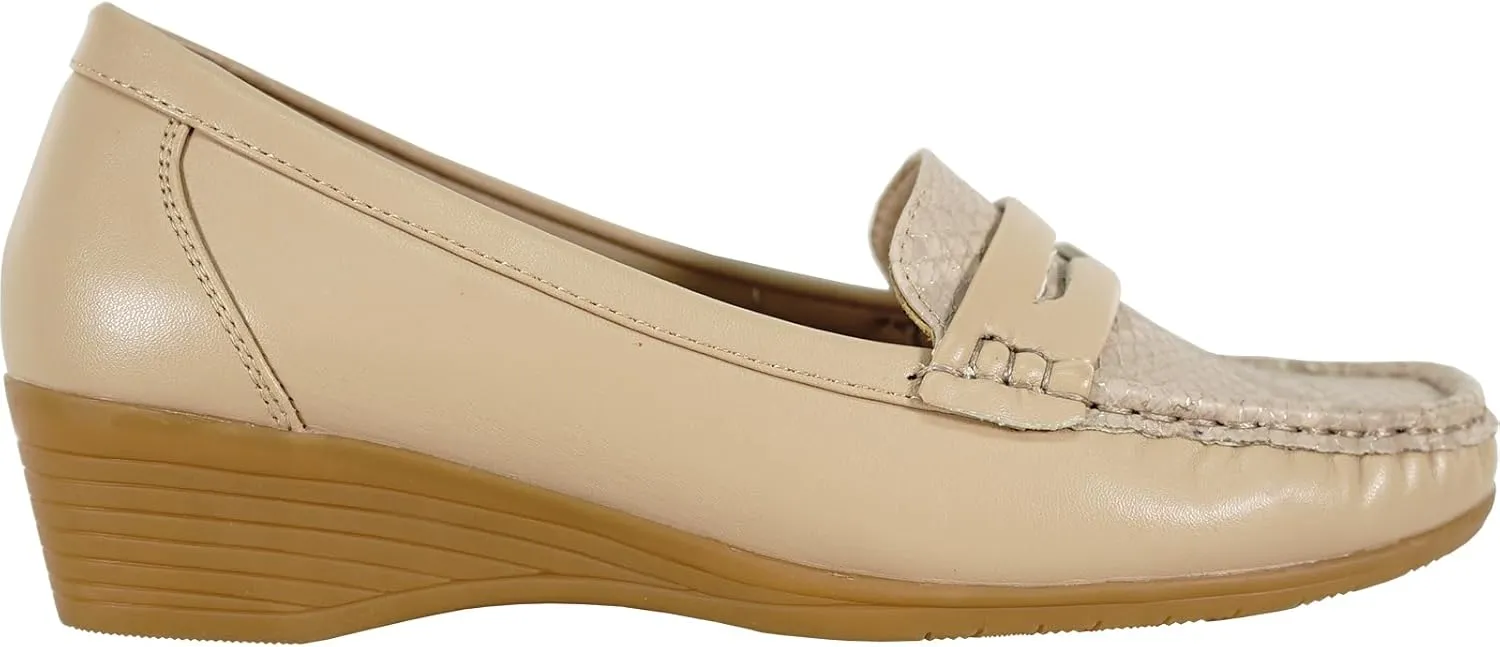 KOZI Women Comfort Casual Wedge Shoe Slip-On Loafer ML Collection Round Toe Penny Loafer Removable Insole Black Champagne