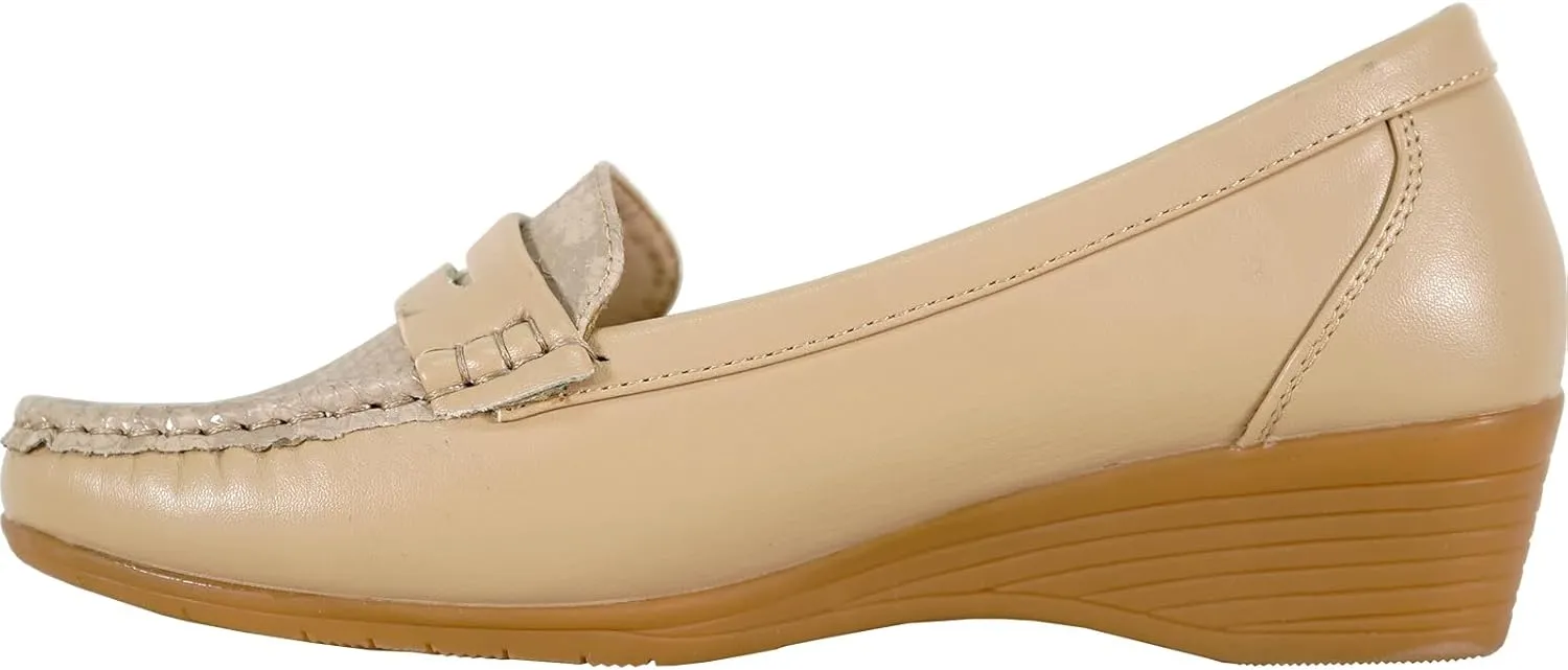 KOZI Women Comfort Casual Wedge Shoe Slip-On Loafer ML Collection Round Toe Penny Loafer Removable Insole Black Champagne