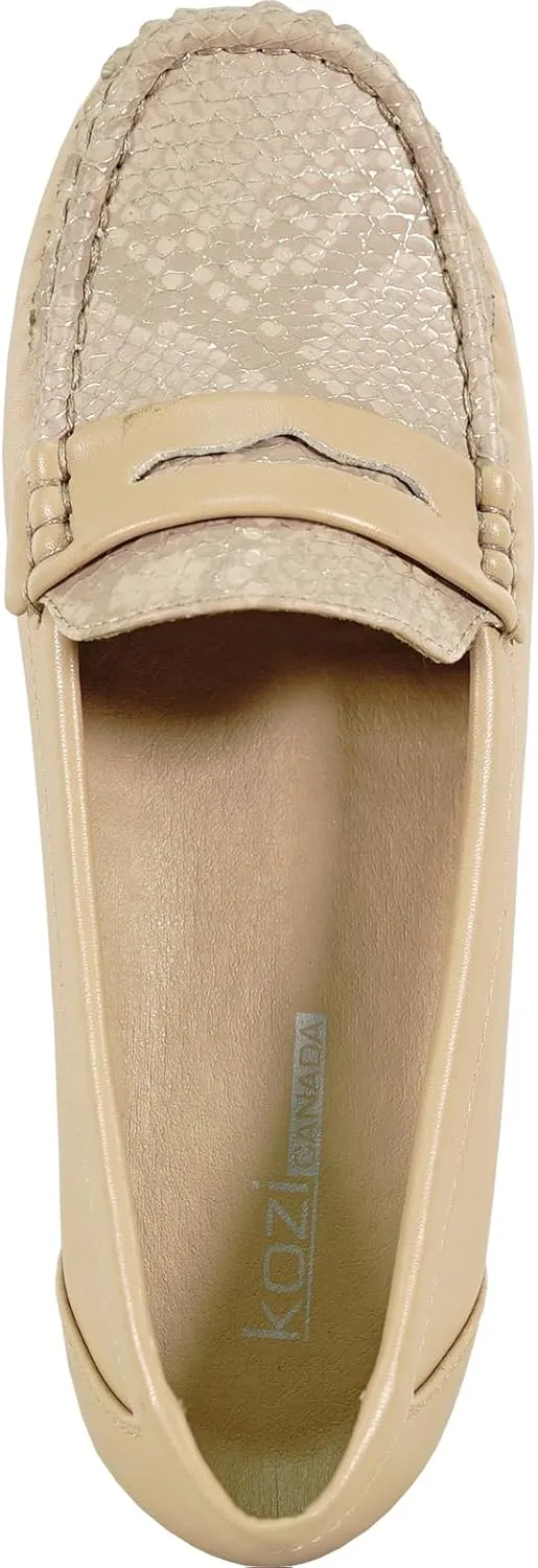 KOZI Women Comfort Casual Wedge Shoe Slip-On Loafer ML Collection Round Toe Penny Loafer Removable Insole Black Champagne