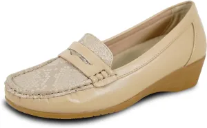 KOZI Women Comfort Casual Wedge Shoe Slip-On Loafer ML Collection Round Toe Penny Loafer Removable Insole Black Champagne