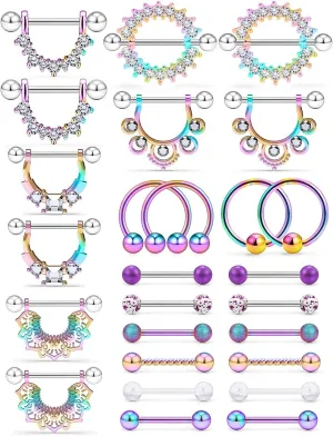 Kridzisw 14G Nipple Tongue Rings 6 Pairs Surgical Steel Nipple Nipplerings Shield Ring Barbell Bar Hoop Piercing Body Jewelry CZ Round Shape for Women