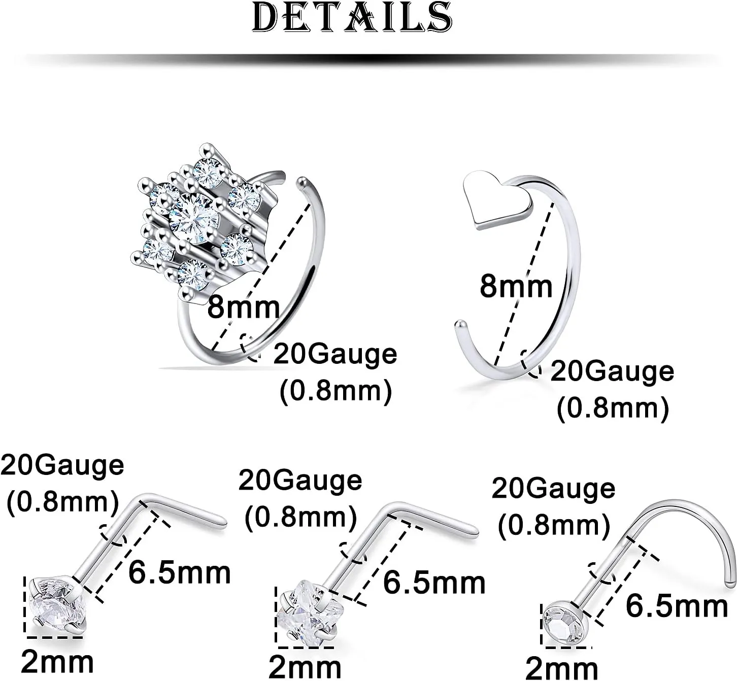 Kridzisw 18G 20G Nose Rings Studs Hypoallergenic 316L Surgical Steel L Shaped Screw Nose Rings Hoops Silver Heart Star Diamond Nose Piercing Jewelry for Women Men 42pcs