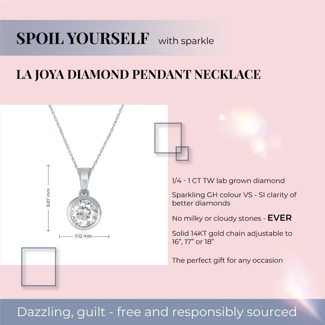 Lab Grown Bezel Diamond Necklaces For Women | Certified 1/4-1 Carat Solid 14k Gold Diamond Necklace Accompanied By Adjustable Real Gold Chain | Sparkling GH VS/SI Diamond Jewelry for Women