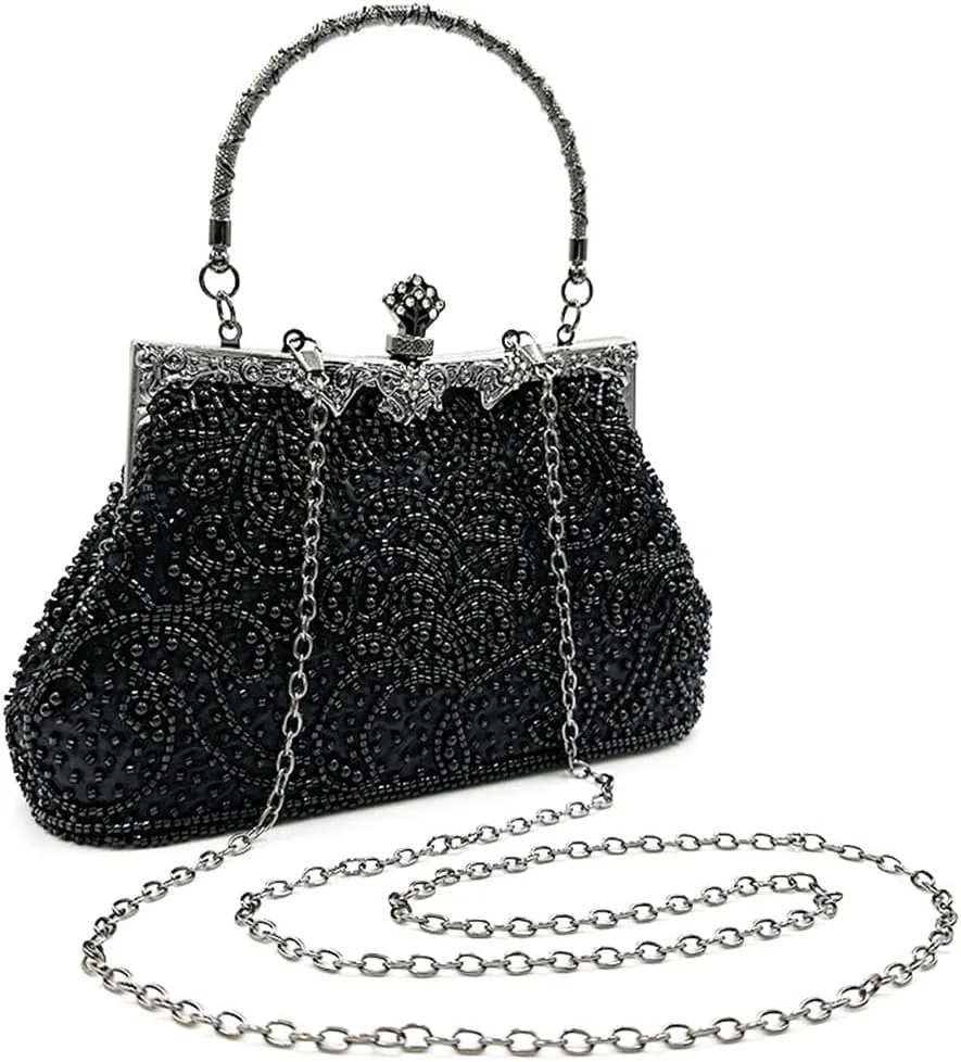 Ladies Handbag Vintage Beaded Embroidery Bag Celebrity Evening Bag Shoulder Crossbody Bag Cheongsam Bag(Black)