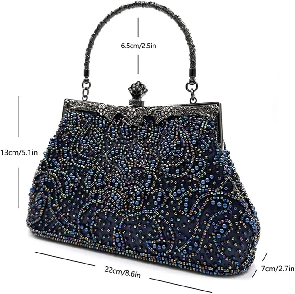 Ladies Handbag Vintage Beaded Embroidery Bag Celebrity Evening Bag Shoulder Crossbody Bag Cheongsam Bag(Black)