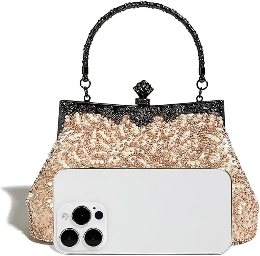 Ladies Handbag Vintage Beaded Embroidery Bag Celebrity Evening Bag Shoulder Crossbody Bag Cheongsam Bag(Black)