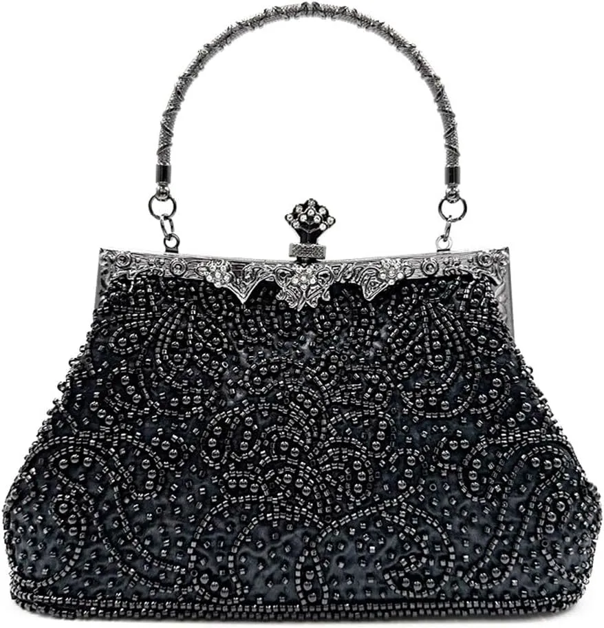 Ladies Handbag Vintage Beaded Embroidery Bag Celebrity Evening Bag Shoulder Crossbody Bag Cheongsam Bag(Black)
