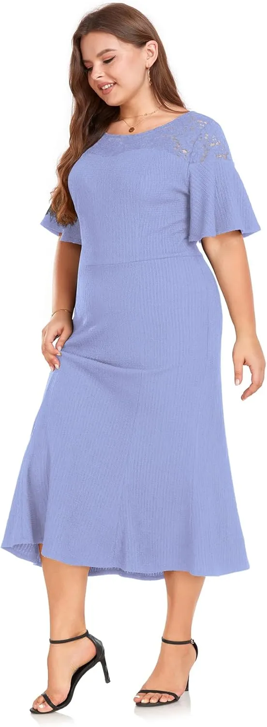 LALAGEN Womens Plus Size Wedding Guest Midi Dress Lace Patchwork Ruffle Short Sleeve Elegant Flare Cocktail Party Dresses