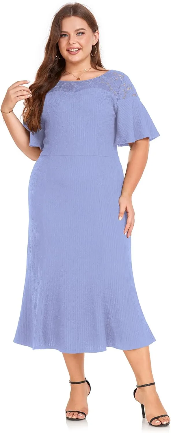 LALAGEN Womens Plus Size Wedding Guest Midi Dress Lace Patchwork Ruffle Short Sleeve Elegant Flare Cocktail Party Dresses