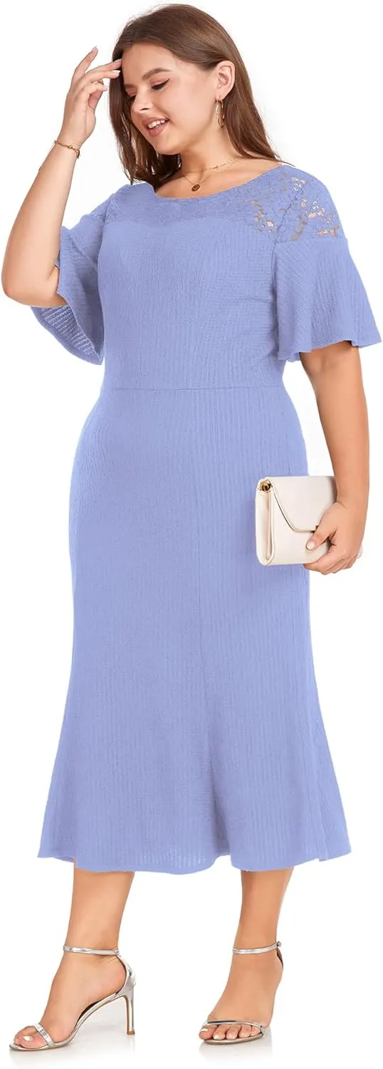 LALAGEN Womens Plus Size Wedding Guest Midi Dress Lace Patchwork Ruffle Short Sleeve Elegant Flare Cocktail Party Dresses