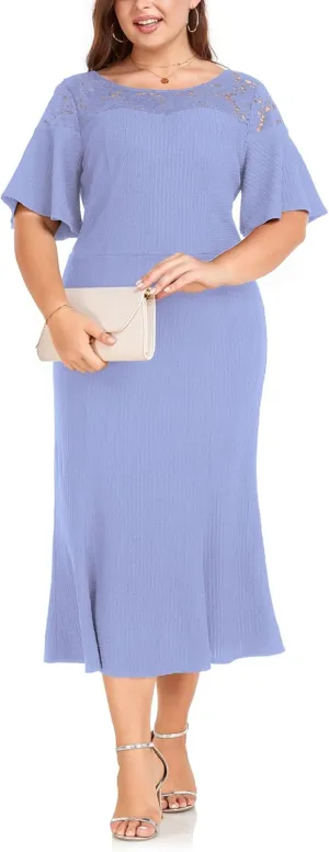 LALAGEN Womens Plus Size Wedding Guest Midi Dress Lace Patchwork Ruffle Short Sleeve Elegant Flare Cocktail Party Dresses