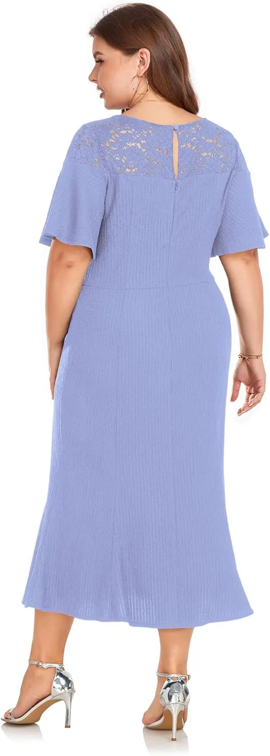 LALAGEN Womens Plus Size Wedding Guest Midi Dress Lace Patchwork Ruffle Short Sleeve Elegant Flare Cocktail Party Dresses