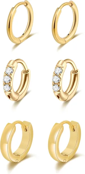 Lantine Small Gold Hoop Earrings Set for Women Men Surgical Stainless Steel Cartilage Cz Huggie Earrings 20G Daith Helix First Second Third Hole Lobes Hinged Sleeper Earrings