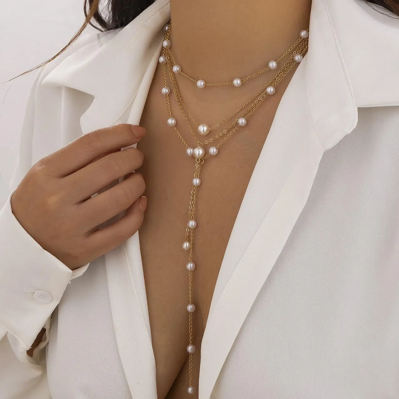 Lariat Necklace for Women Dainty Gold/Silver Long Necklaces Trendy Y-Shaped Pendant Necklace Layered Beaded Chain Necklaces