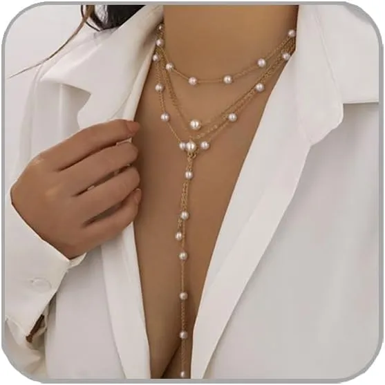 Lariat Necklace for Women Dainty Gold/Silver Long Necklaces Trendy Y-Shaped Pendant Necklace Layered Beaded Chain Necklaces