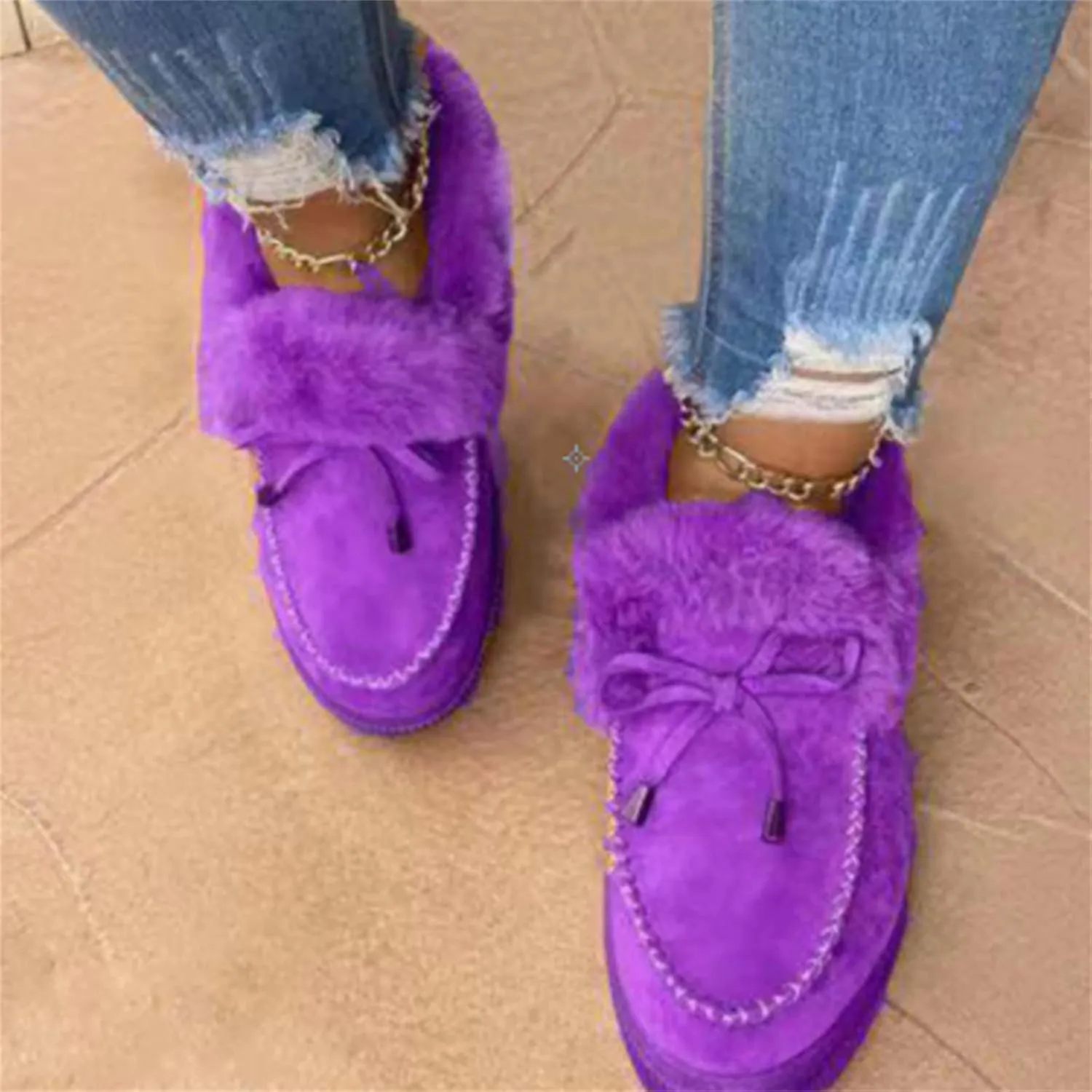 Lausiuoe Winter Fashion Boots For Women 2024 Warm Snow Fuzzy Ankle Booties Flat Cute Silp On Comfortable Casual Loafers Shoes