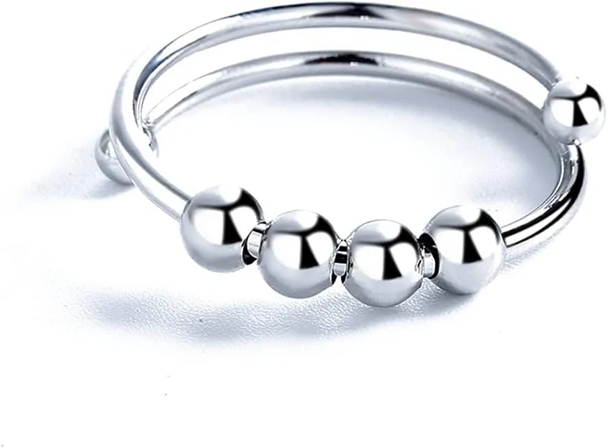 Layered Tiny Beaded Ball Rotatable Anti Anxiety Open Rings Dainty Stress Relief Statement Promise Fidget Peace Spinner Rings Minimalist Expandable Finger Knuckle Rings for Women Christmas New Year Birthday Gifts