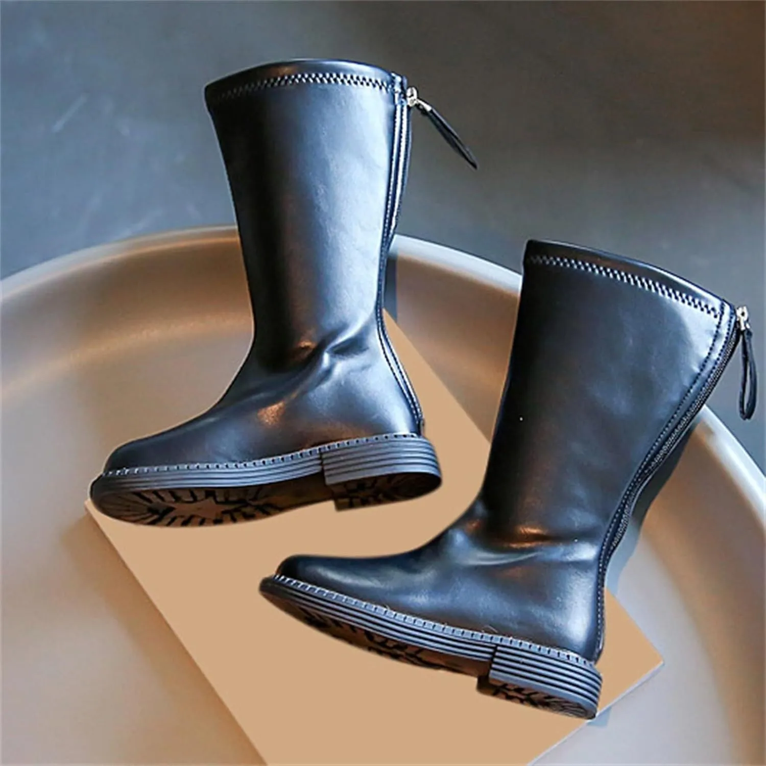 Leather Soft Boots For Girls Kids Childrens Side Zipper Dress Dance Shoes Outdoor Long Non Slip Warm aterproof Shoes