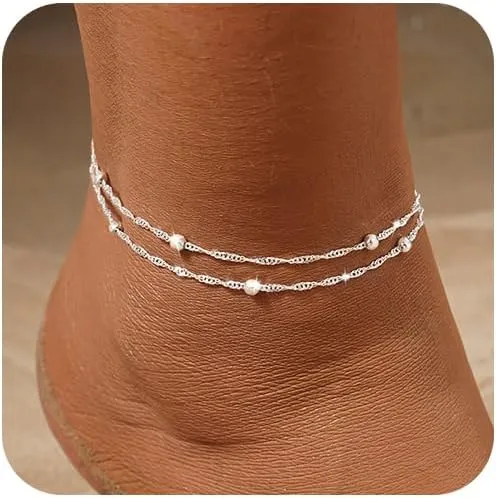 LEXODY Gold Ankle Bracelets for Women Waterproof, 14K Gold/Silver Plated Layered Beaded Heart Anklets for Women Trendy Dainty Cuban Link Chain Anklets Set Summer Beach Jewelry Gift