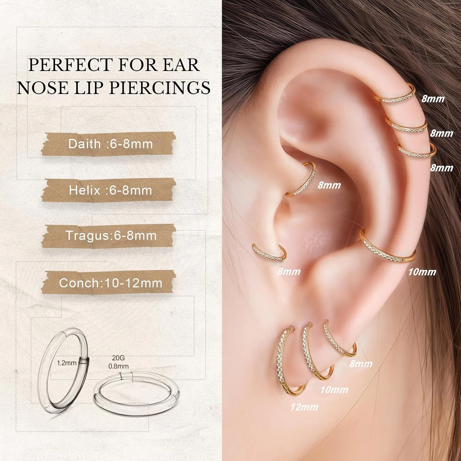 limerencia Small Hoop Earrings for Women, Hypoallergenic Titanium Huggie Hoop Earrings Set G23 Piercings Cartilage Earrings Set for Women Sensitive Ears (White CZ Gold, 6mm)