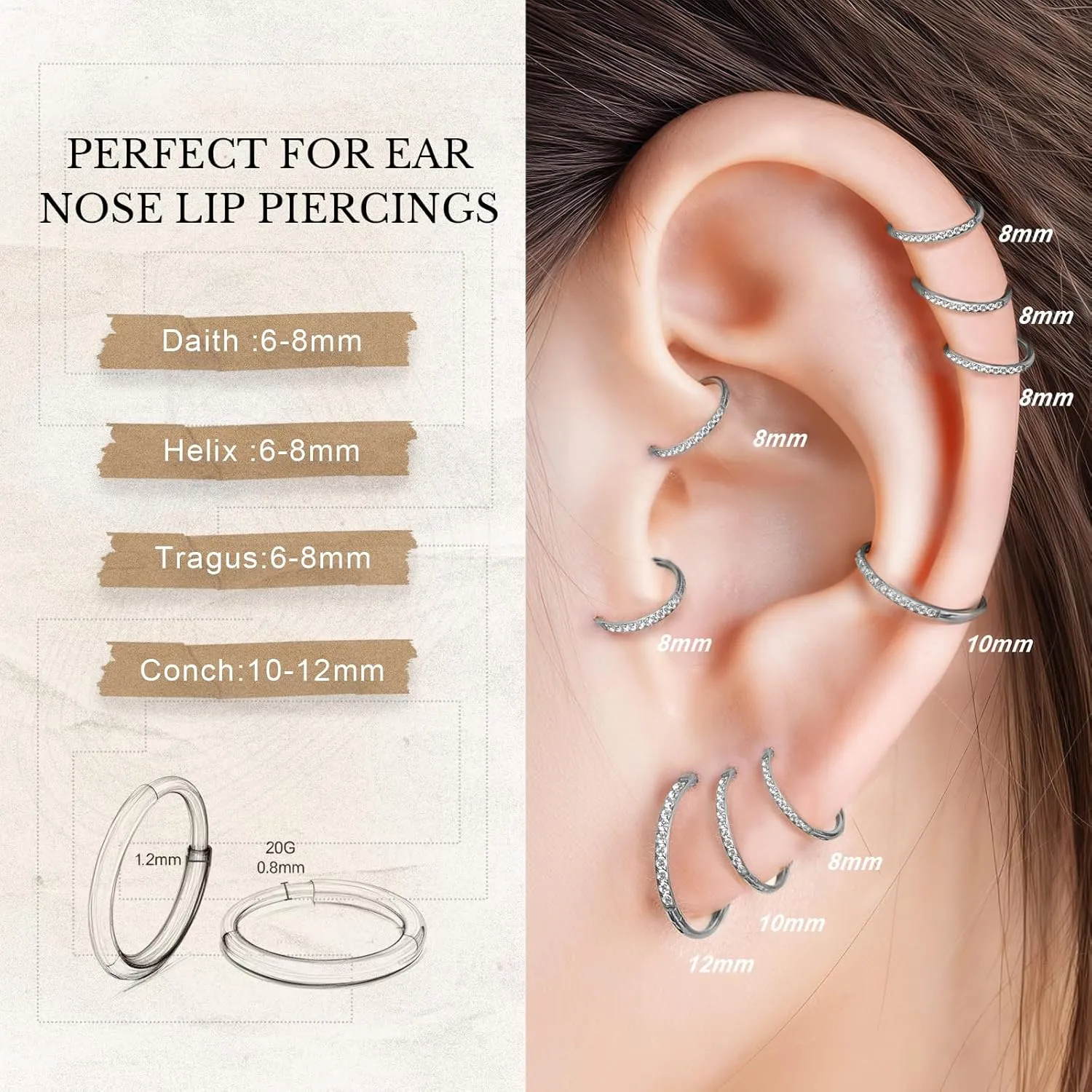 limerencia Small Hoop Earrings for Women, Hypoallergenic Titanium Huggie Hoop Earrings Set G23 Piercings Cartilage Earrings Set for Women Sensitive Ears (White CZ Silver, 12mm)