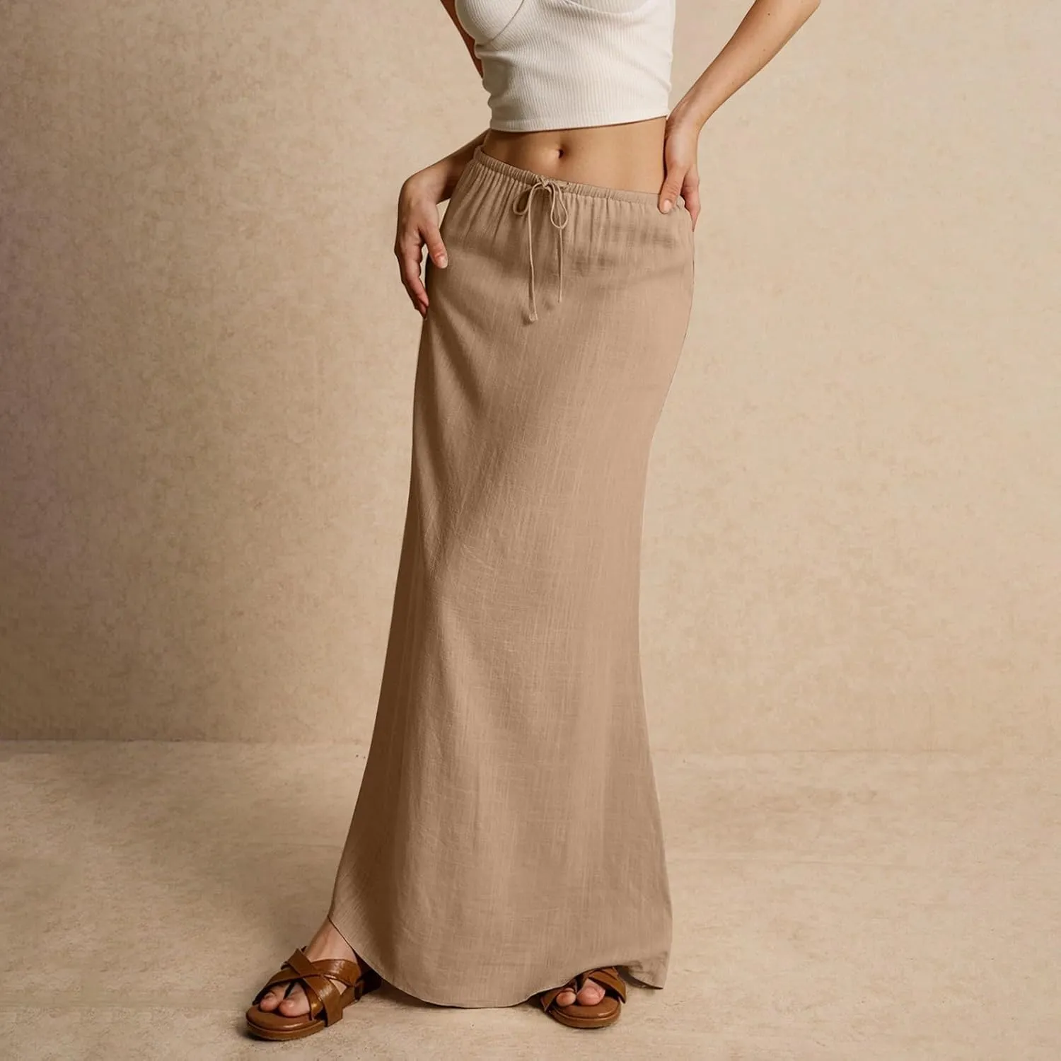 Linen Maxi Skirts for Women Trendy 2025 Casual Drawstring Low Waist Plain Skirts Boho Vacation Beach Skirts
