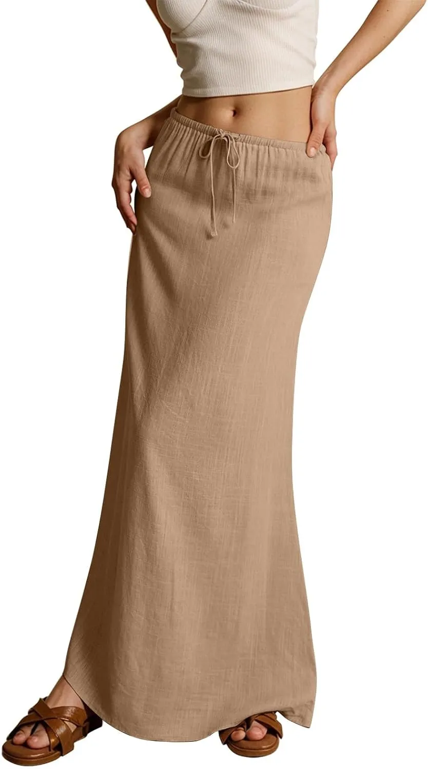 Linen Maxi Skirts for Women Trendy 2025 Casual Drawstring Low Waist Plain Skirts Boho Vacation Beach Skirts